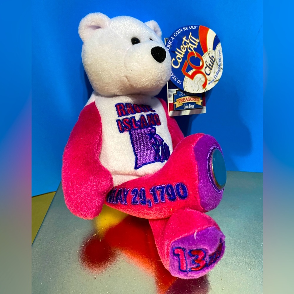 LIMITED TREASURES NWT RHODE ISLAND STATE COIN #13 BEAR PLUSH TAGS & QUARTER 8”